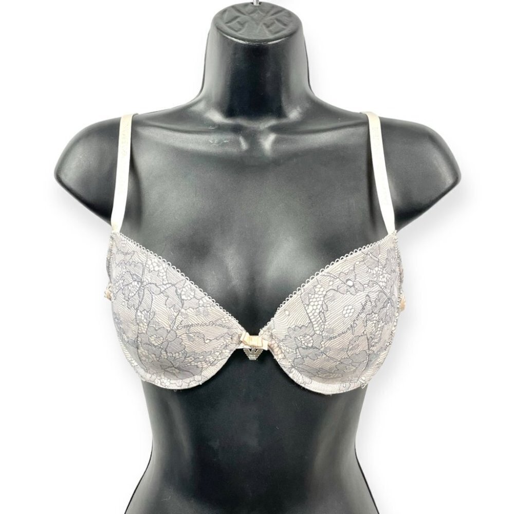 * Emporio Armani Nude and Grey Lace Print Lightly Padded Bra Size 34B